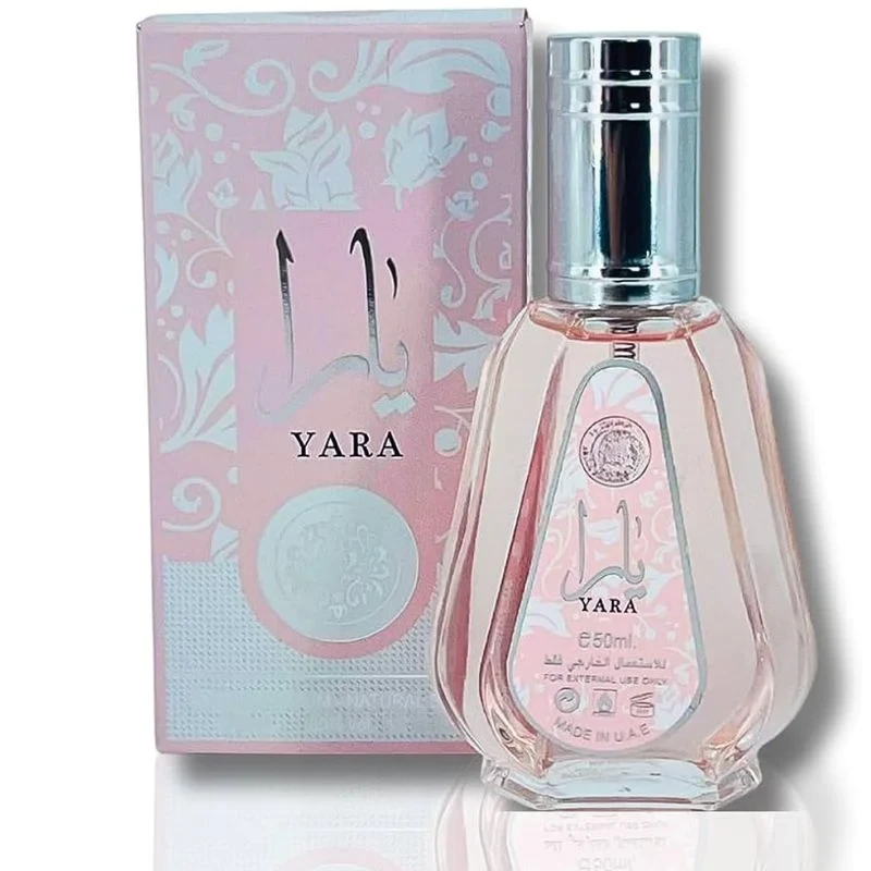 Frasco e caixa de perfume YARA cor de rosa com design floral