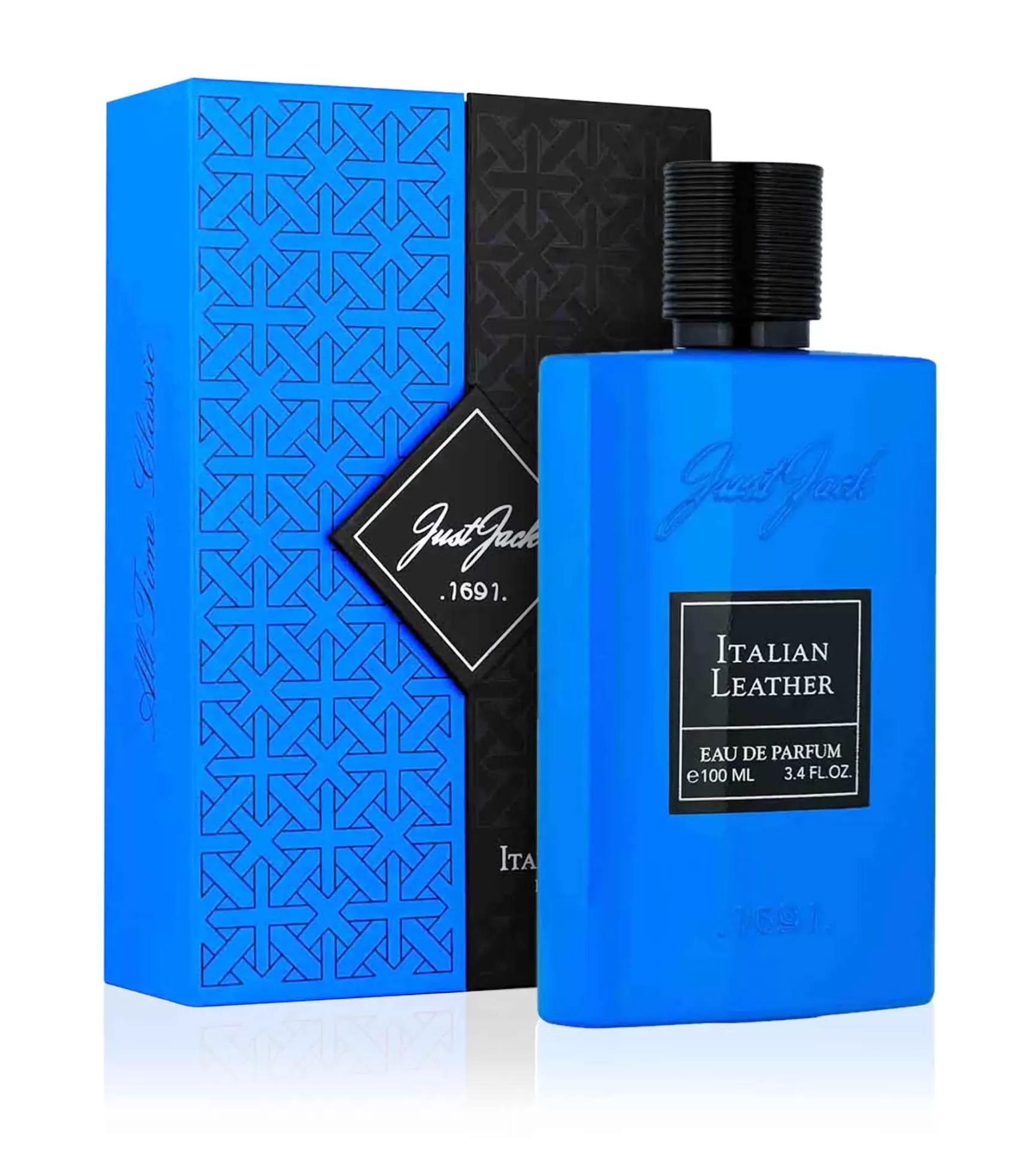 Frasco azul de perfume Italian Leather com embalagem azul e preta