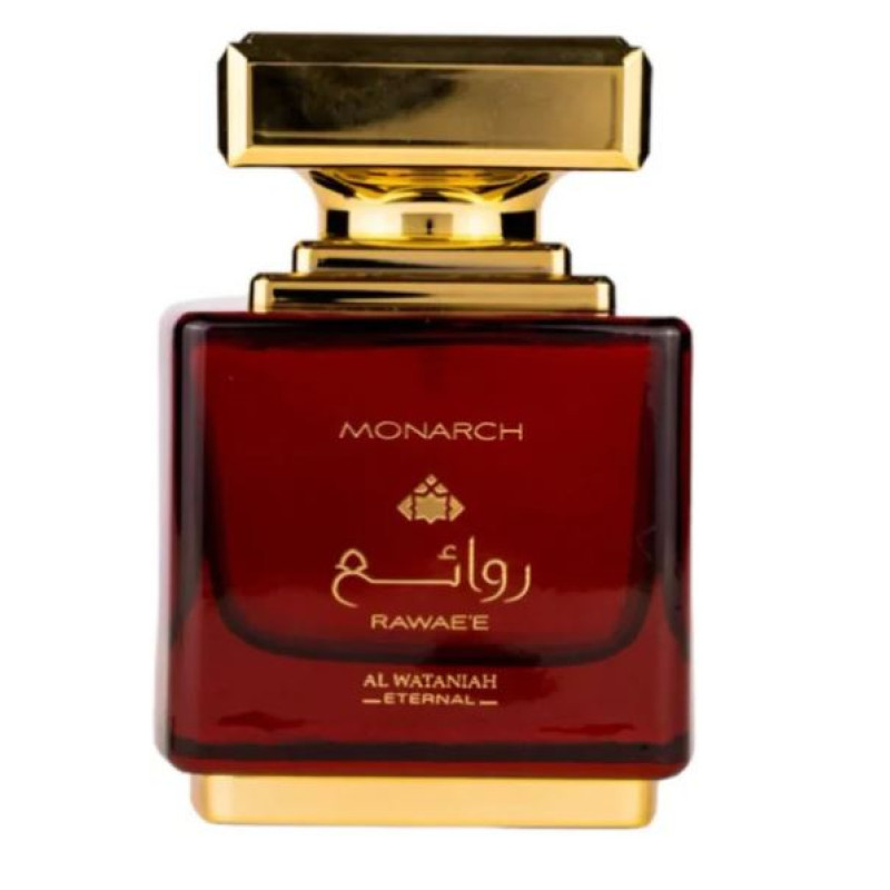 Frasco de perfume vermelho e dourado com texto