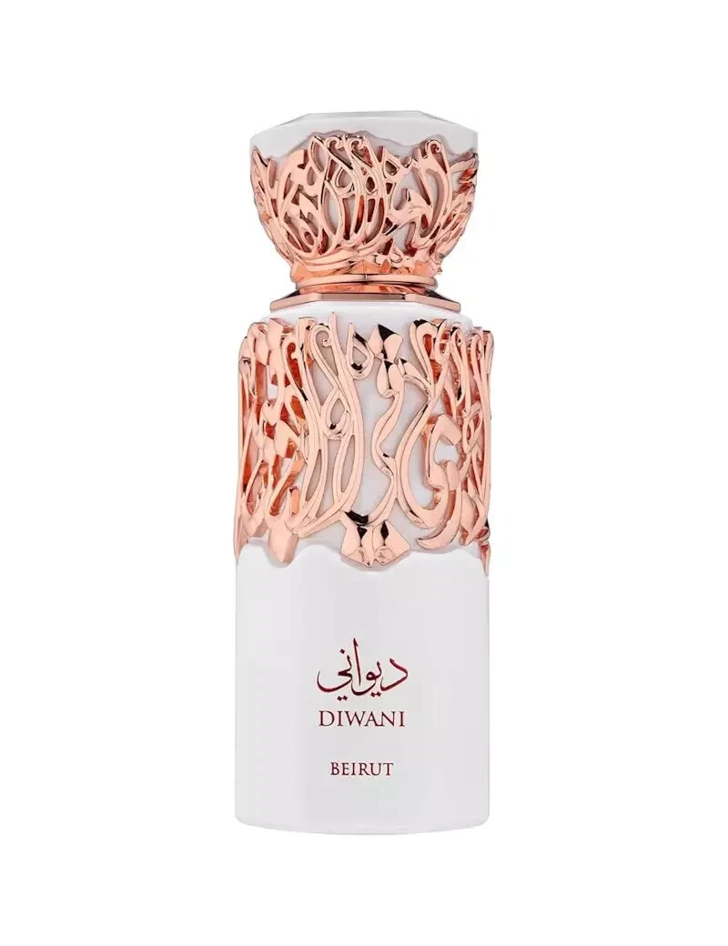Frasco branco de perfume com tampa dourada decorativa e texto DIWANI BEIRUT