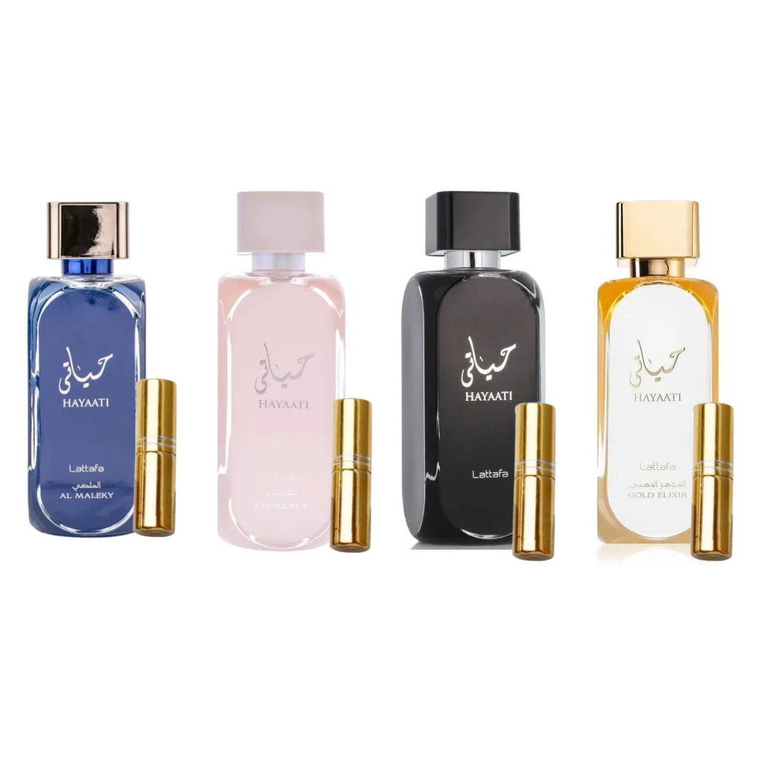 Quatro frascos de perfume HAYAATI Lattafa em várias cores e tampas metálicas