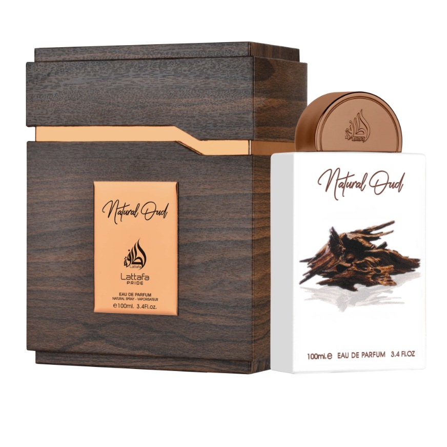 Frasco de perfume branco com tampa castanha e caixa de madeira escura com selo castanho