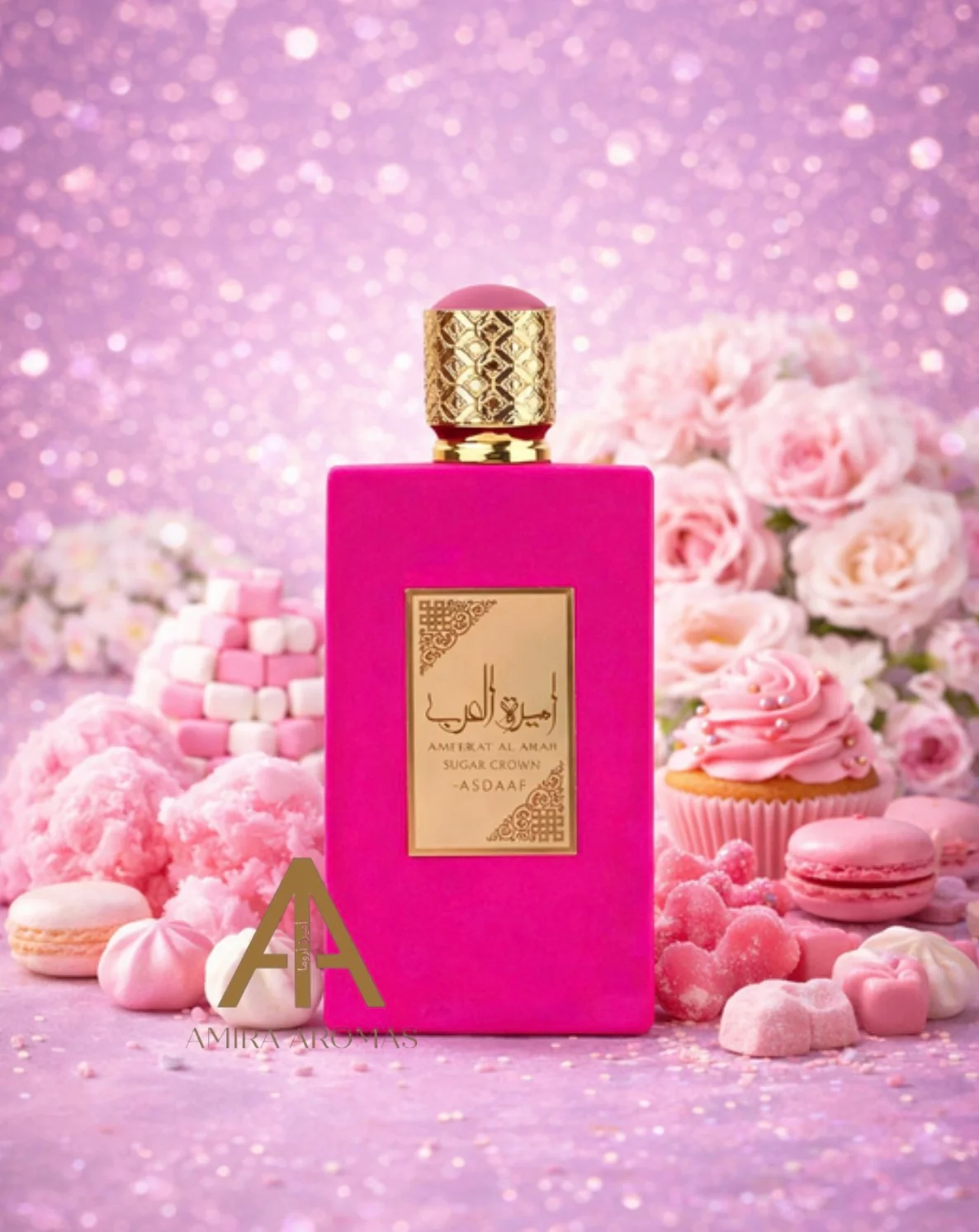 Frasco de perfume rosa com tampa dourada e doces cor-de-rosa em fundo brilhante