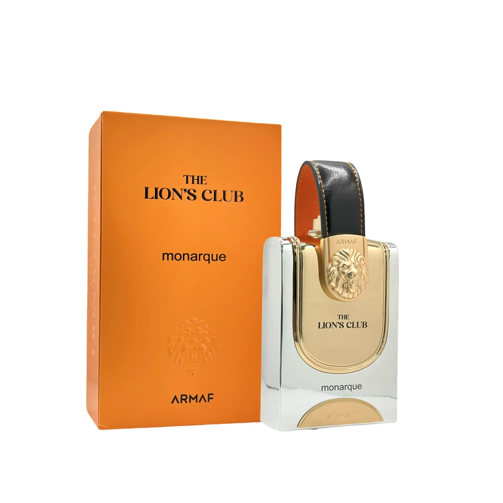 Perfume THE LION'S CLUB monarque ARMAF com embalagem laranja e frasco prateado e dourado
