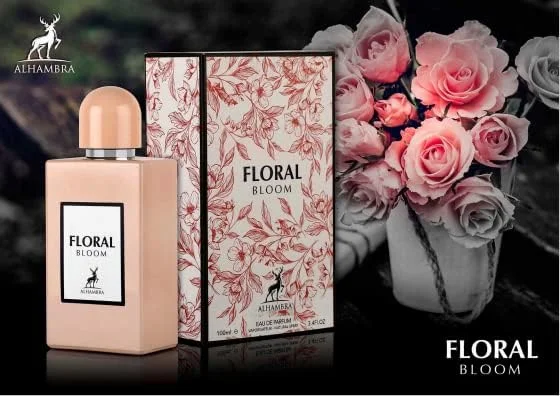 Frasco e caixa de perfume Floral Bloom com padrão floral e ramo de rosas cor-de-rosa