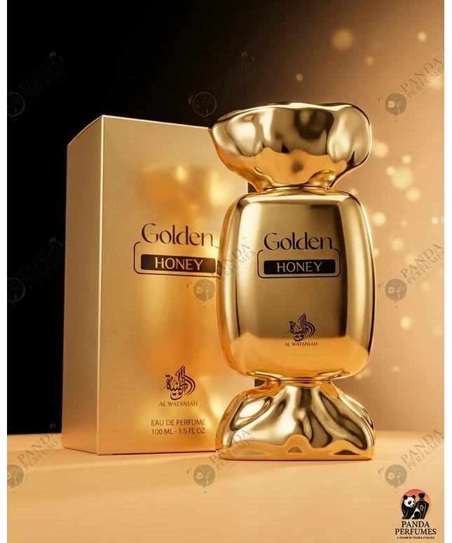 Frasco dourado de perfume Golden HONEY em forma de doce com embalagem dourada.