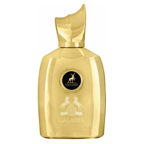 Frasco dourado de perfume com selo preto e textos Alhambra e Galatta