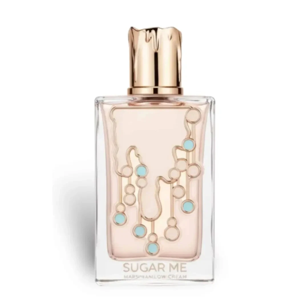 Frasco de perfume SUGAR ME MARSHMALLOW CREAM com design turquesa e dourado
