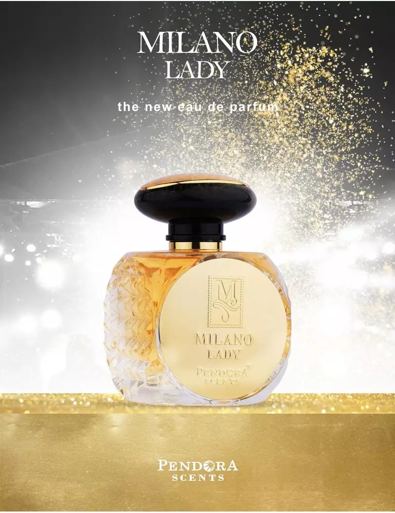 Frasco de perfume MILANO LADY com líquido âmbar e tampa preta em fundo dourado com brilho.