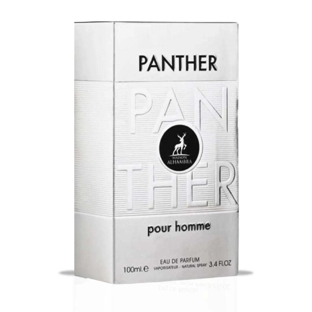 Caixa branca de perfume masculino Panther com texto preto e relevo
