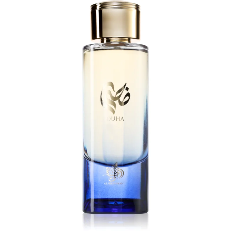 Frasco de perfume com tampa dourada e gradiente azul para transparente.