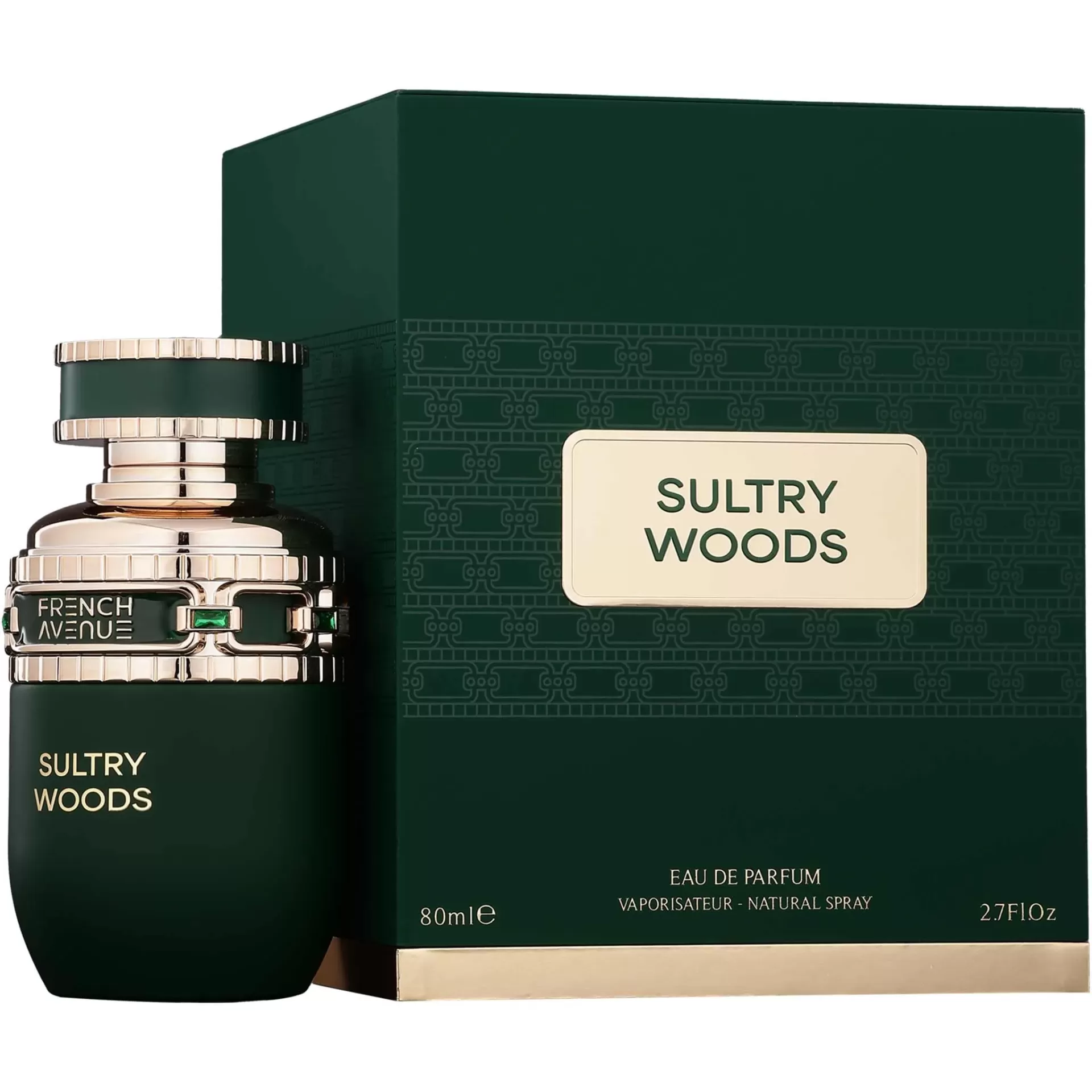 Frasco de perfume Sultry Woods verde com tampa dourada ao lado da caixa