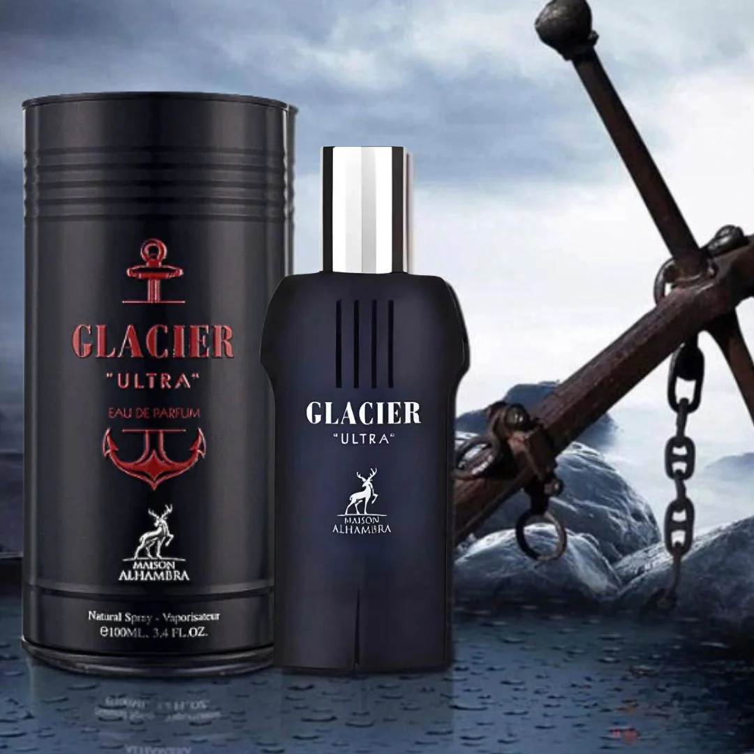 Frasco preto fosco e caixa de perfume Glacier Ultra ao lado de uma âncora metálica