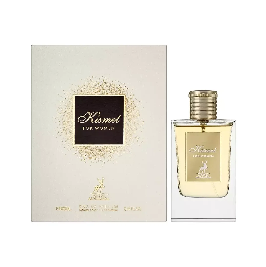 Frasco e caixa do perfume Kismet for Women com design branco, dourado e preto