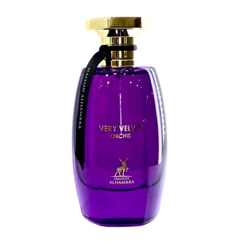 Frasco de perfume roxo com tampa dourada e rótulo dourado