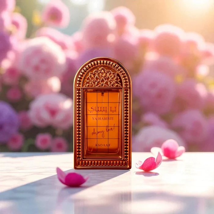 Frasco de perfume âmbar decorado com texto em letras douradas e rosas ao fundo.