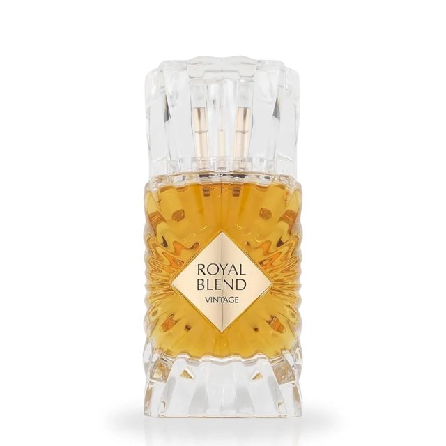 Frasco de perfume Royal Blend Vintage em vidro transparente com líquido âmbar