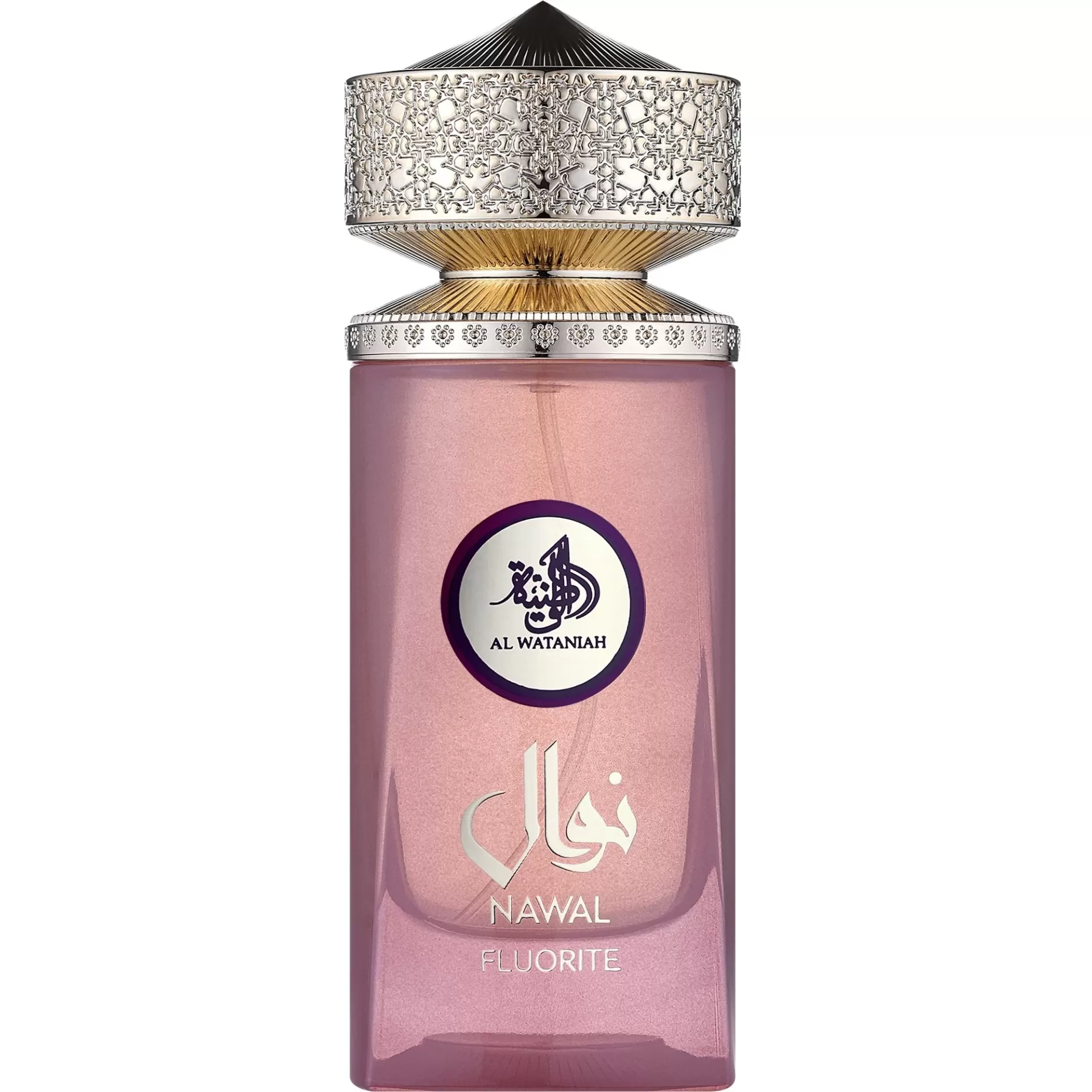 Frasco de perfume rosa com tampa metálica decorativa e logótipo