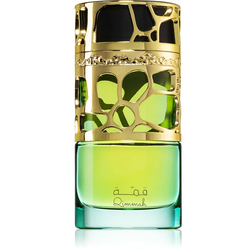Frasco de perfume verde e dourado com padrão recortado
