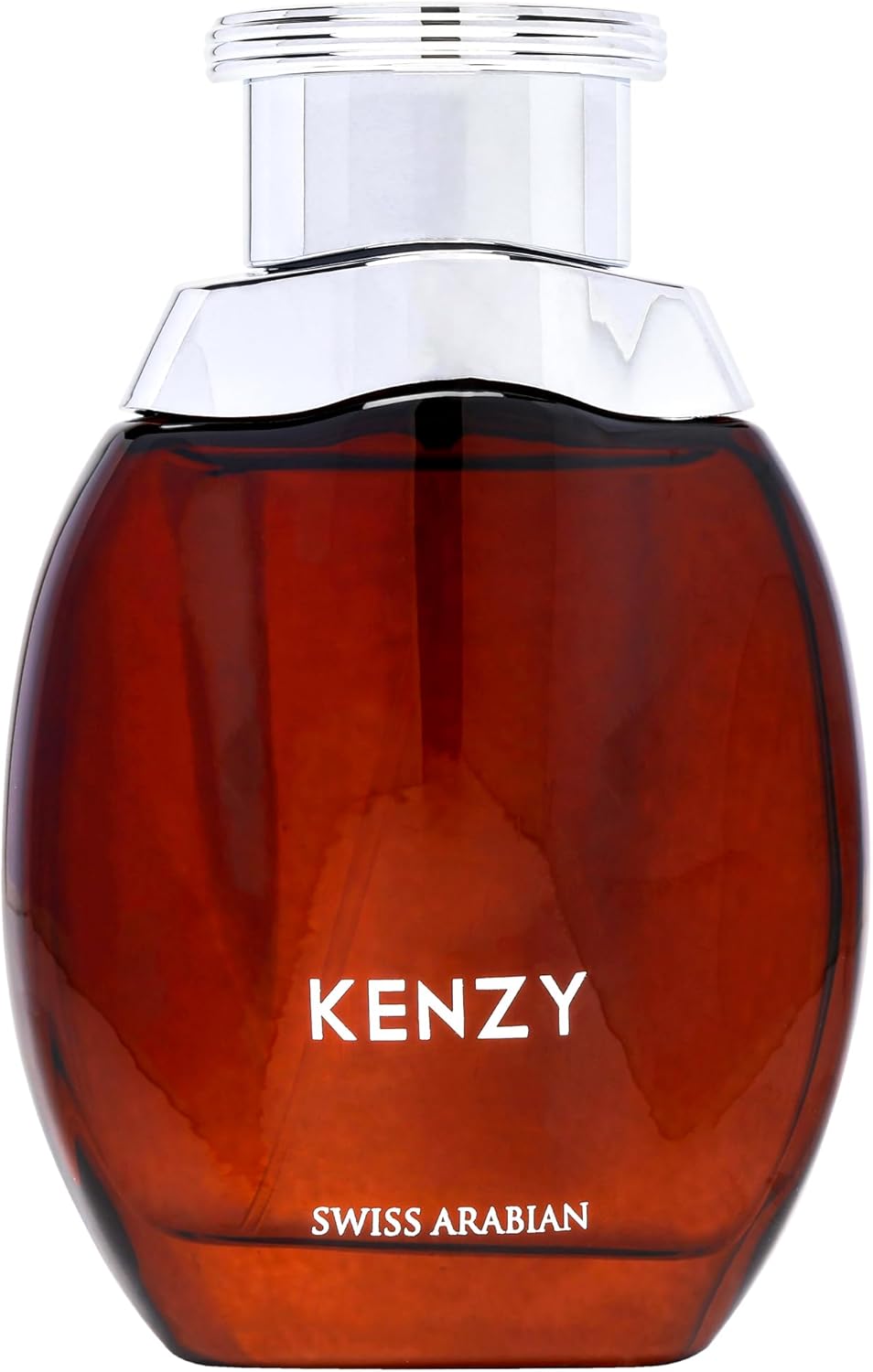 Frasco de perfume castanho com tampa prateada e texto KENZY e SWISS ARABIAN.