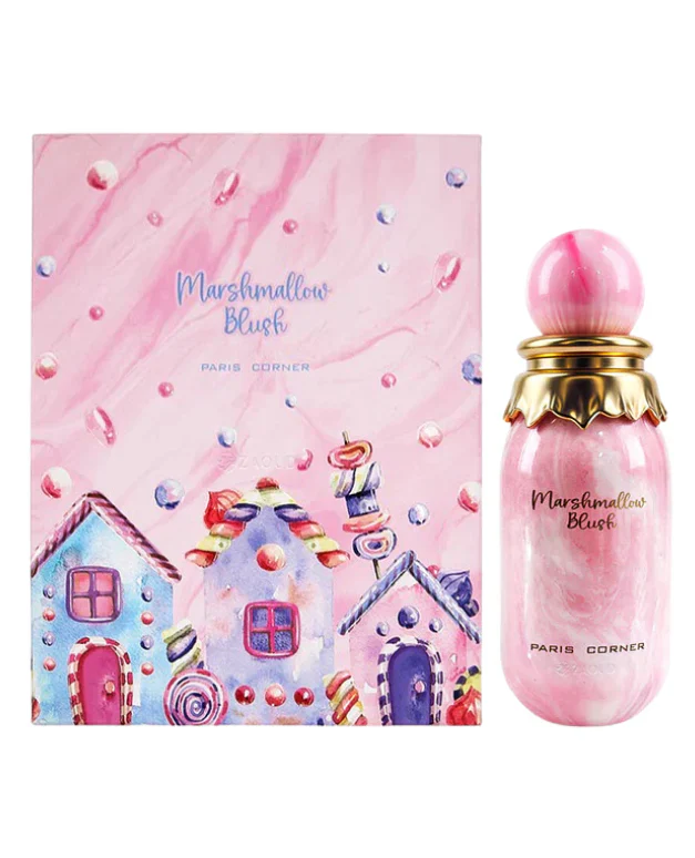 Frasco rosa de perfume Marshmallow Blush ao lado de caixa ilustrada com casas coloridas