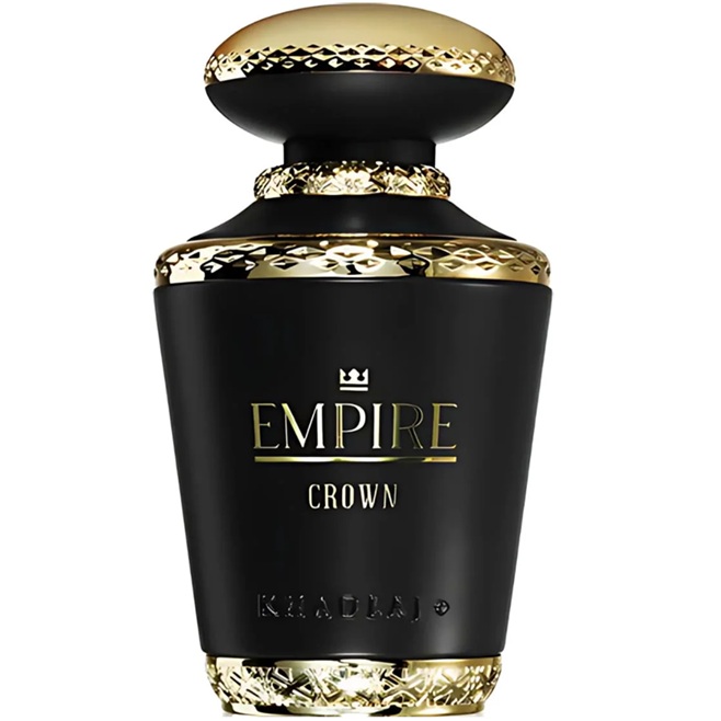 Frasco de perfume preto e dourado com texto Empire Crown