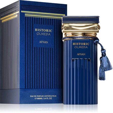 Perfume Historic Olmeda Afnan com frasco azul e dourado e embalagem azul