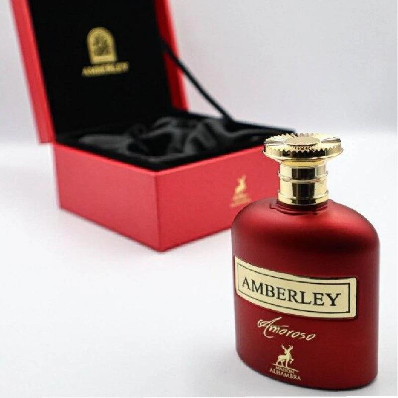 Frasco de perfume vermelho fosco AMBERLEY Amoroso com tampa dourada e caixa vermelha aberta