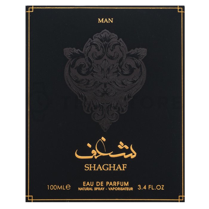Embalagem preta e dourada de perfume para homem SHAGHAF 100ml