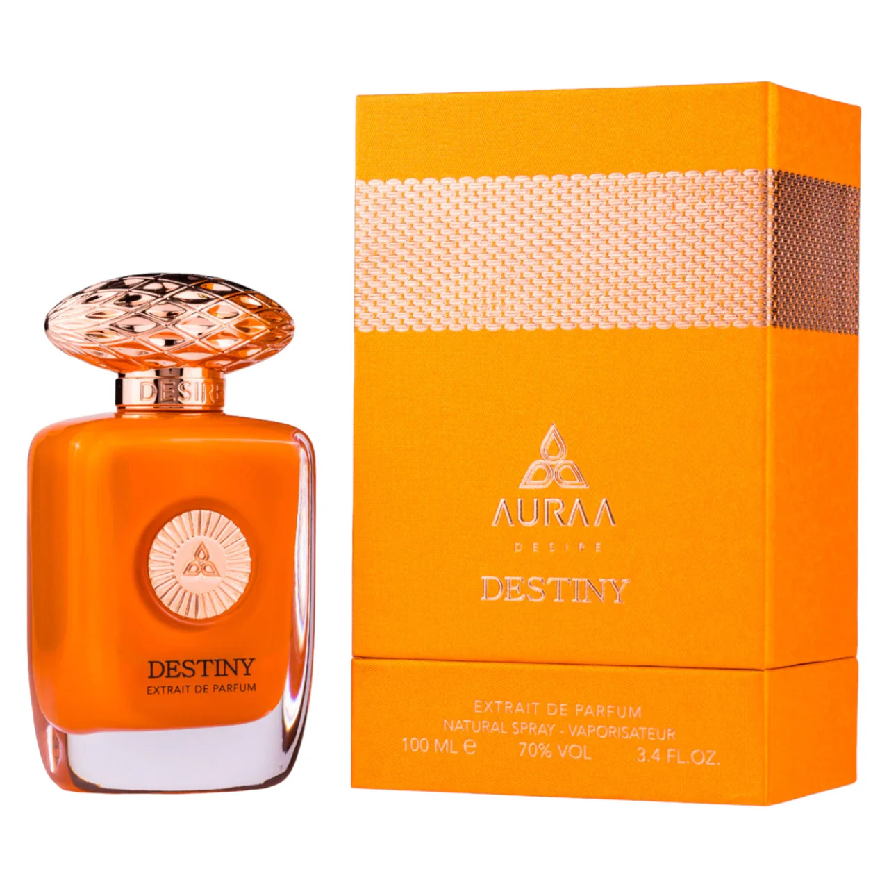Frasco de perfume laranja Aurra Destiny com tampa dourada ao lado da caixa laranja