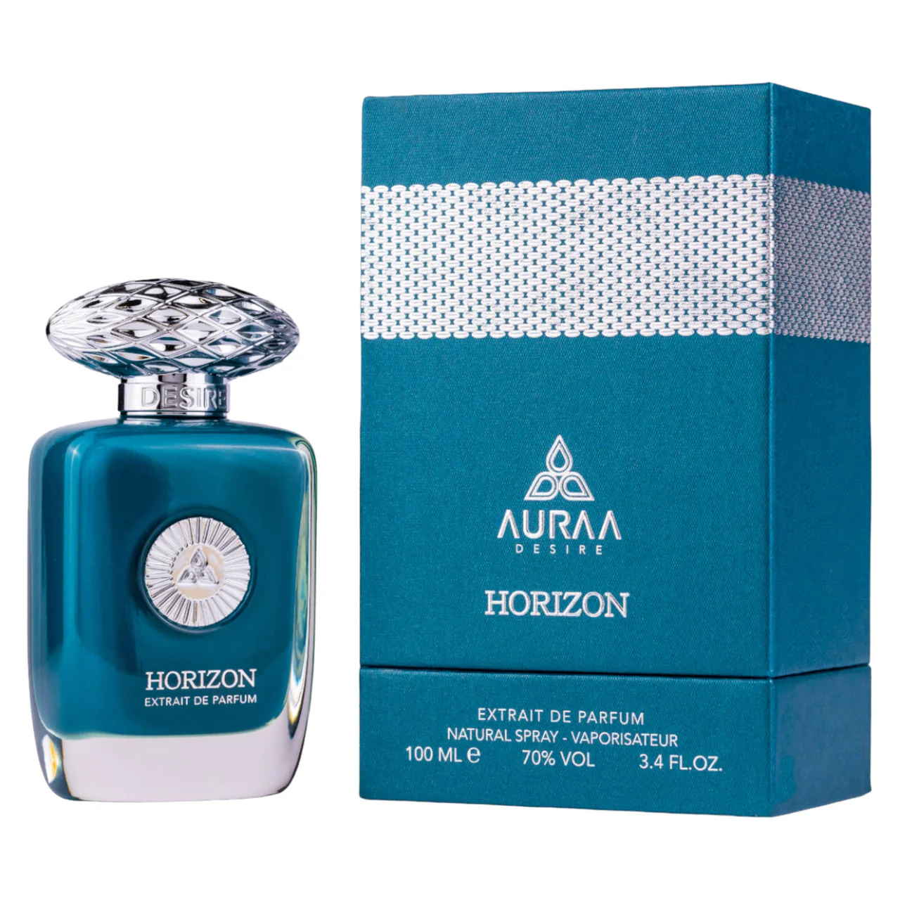 Frasco e caixa de perfume azul turquesa com tampa prateada texturizada