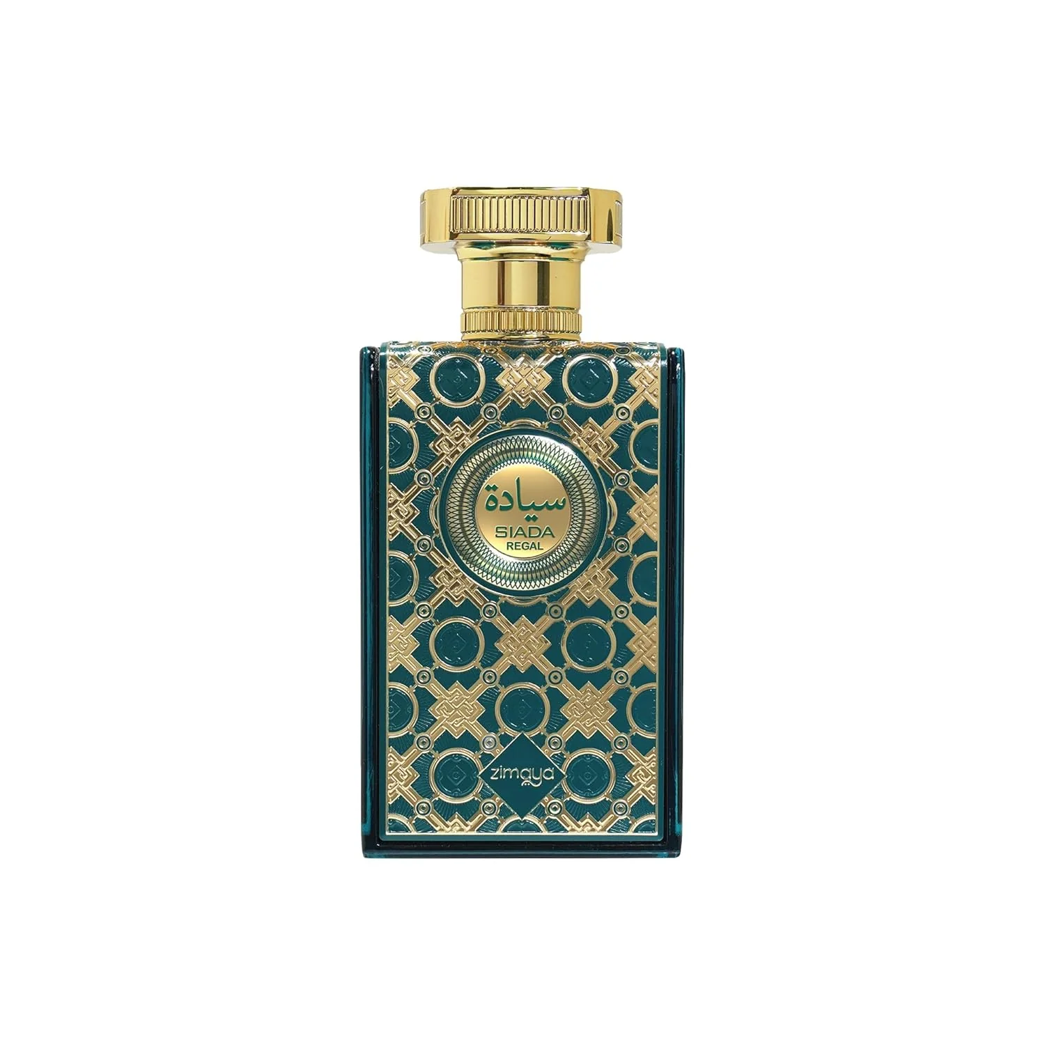 Frasco de perfume retangular decorado com padrão dourado e verde