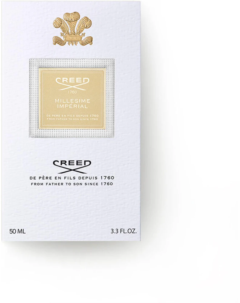 Embalagem branca texturada com rótulo dourado e texto CREED Millesime Imperial