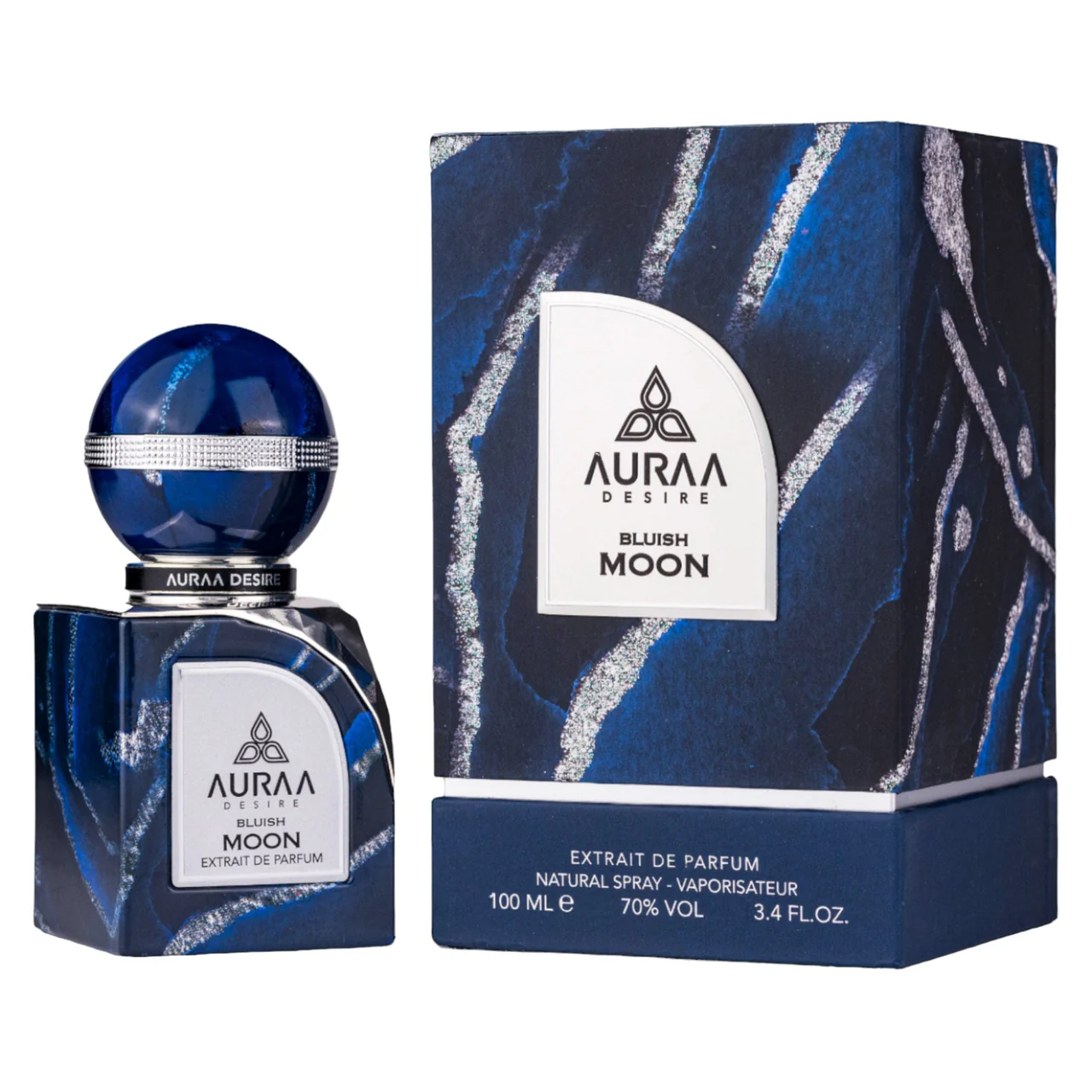 Frasco de perfume azul com caixa azul e branco rotulada AURAA DESIRE BLUISH MOON