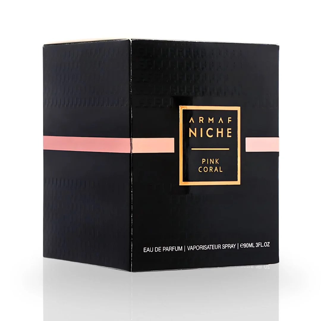 Embalagem preta de perfume Armaf Niche Pink Coral com faixa rosa e texto dourado