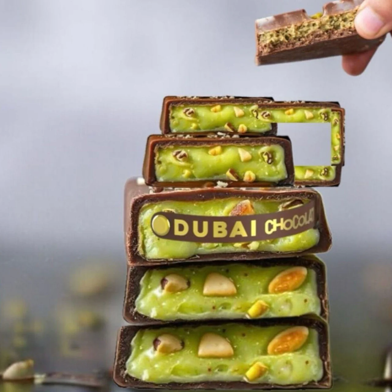 Barra de chocolate com recheio verde e pedaços de nozes com embalagem DUBAI CHOCOLA