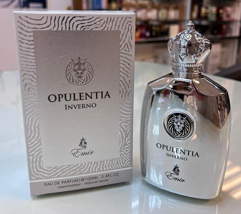 Frasco prateado de perfume Opulentia Inverno com caixa bege e padrão animal