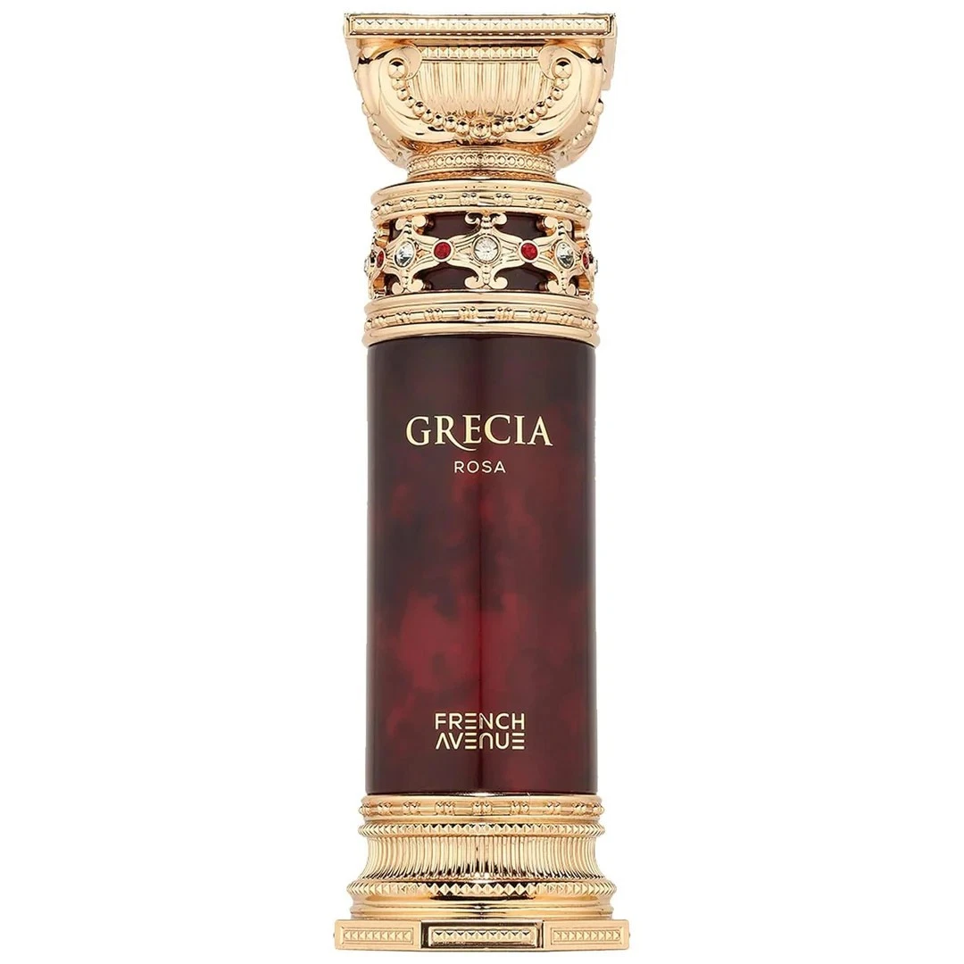 Frasco de perfume vermelho com detalhes dourados e texto GRECIA ROSA