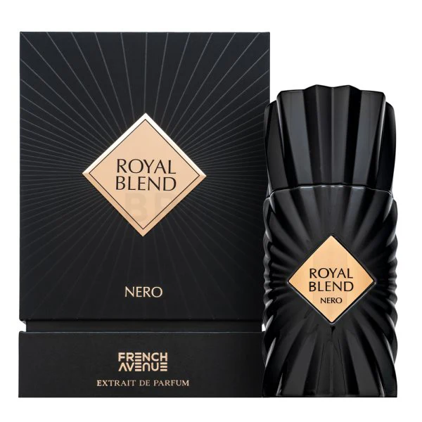 Frasco de perfume e embalagem preta com texto ROYAL BLEND NERO