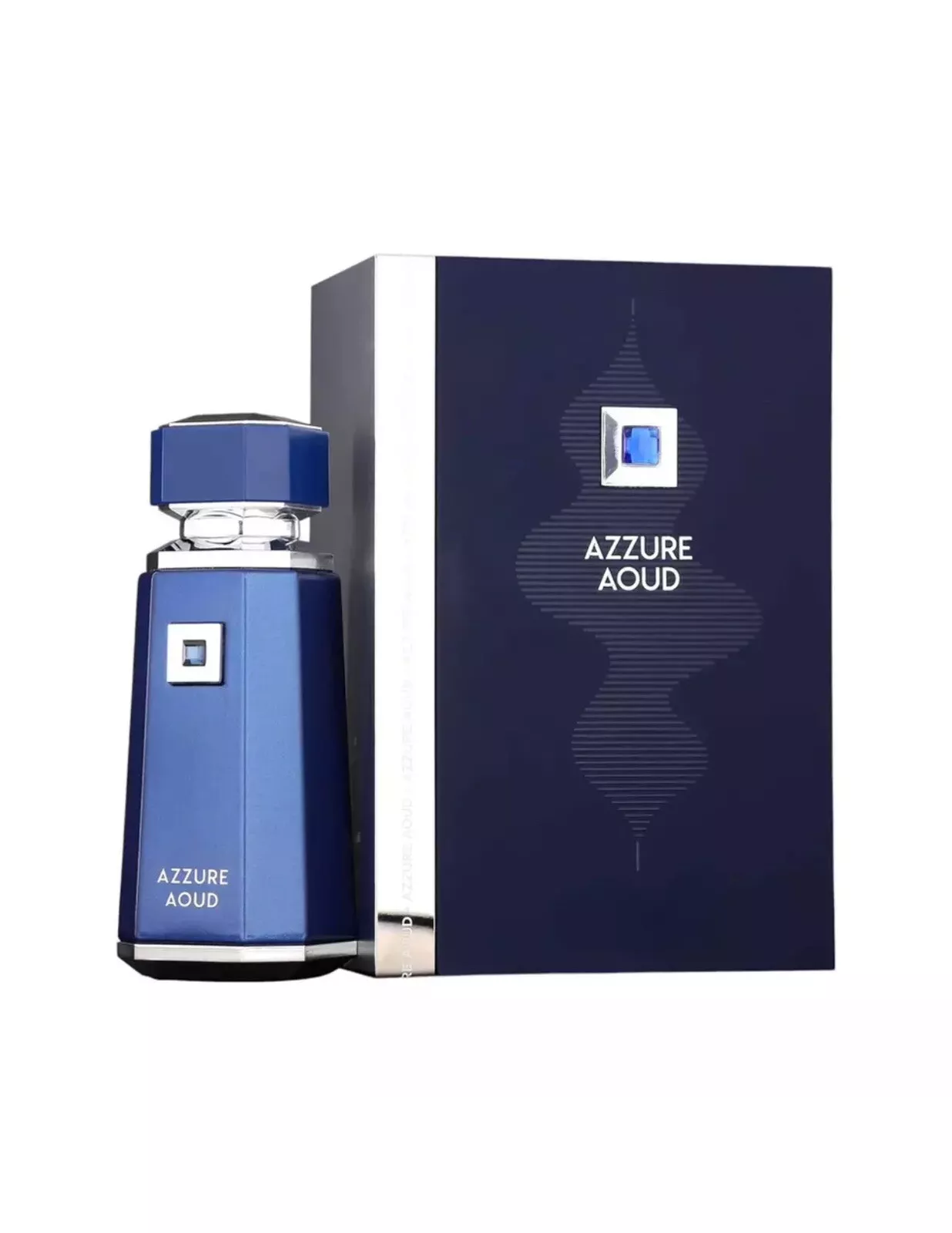 Frasco e caixa de perfume Azzure Aoud azul escuro com detalhes prateados