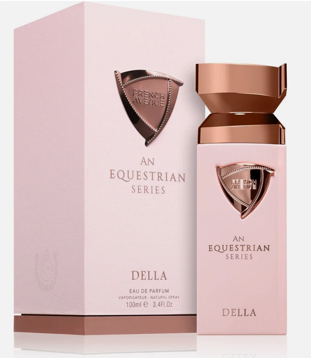 Frasco e caixa rosa de perfume An Equestrian Series Della com detalhes em bronze.