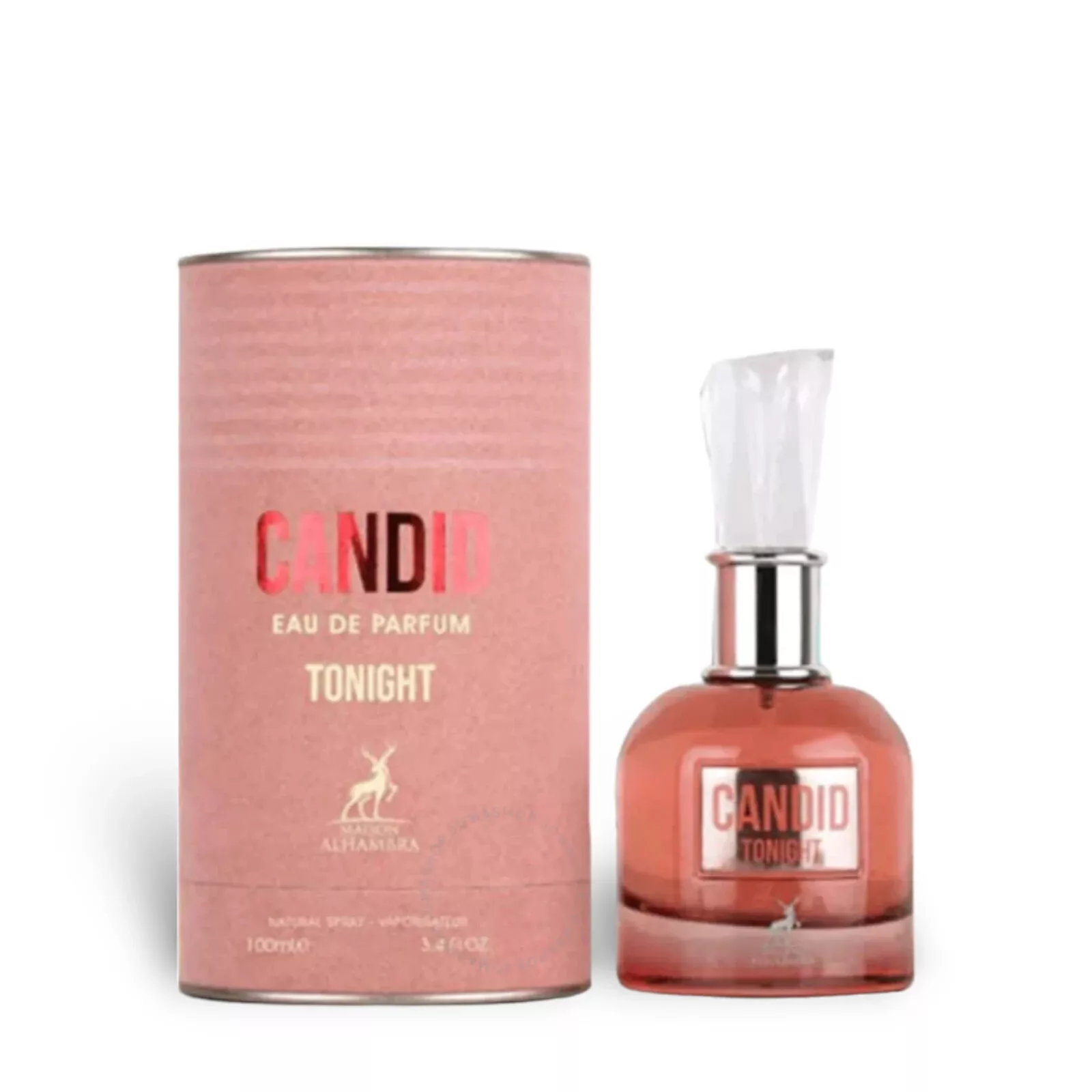 Frasco de perfume CANDID TONIGHT com embalagem cilíndrica rosa