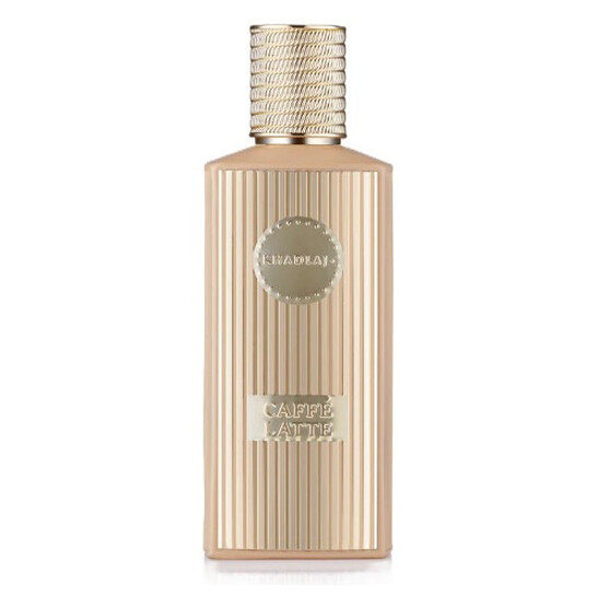 frasco retangular de perfume beige com tampa dourada texturada e etiquetas douradas