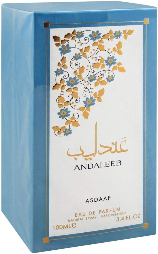 Caixa azul de perfume Andaleeb com decoração floral e texto em inglês e árabe