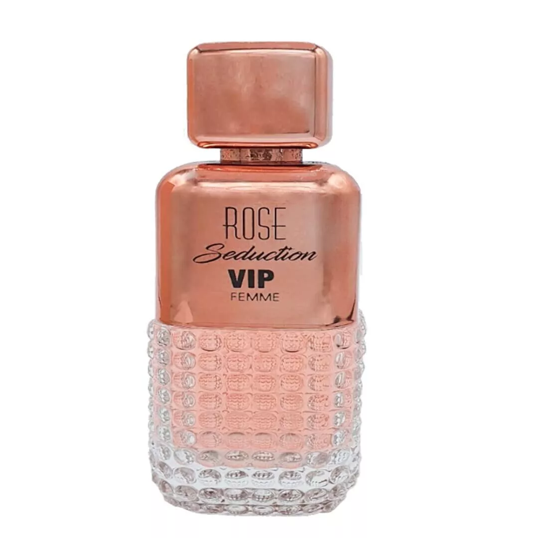 Frasco de perfume Rose Seduction VIP Femme com tampa e base texturizada