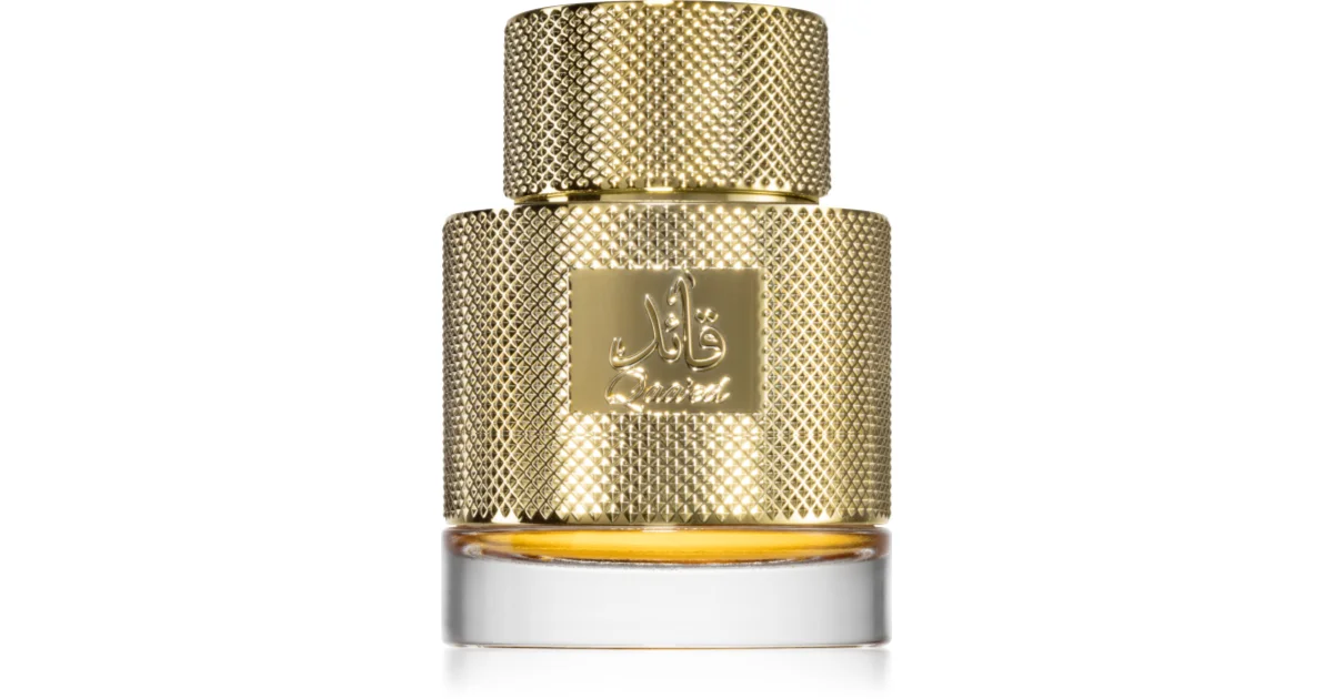 Frasco de perfume dourado com base transparente e líquido âmbar
