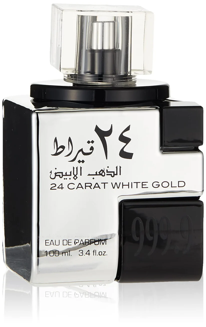 Frasco de perfume prata com texto '24 CARAT WHITE GOLD' e detalhes pretos