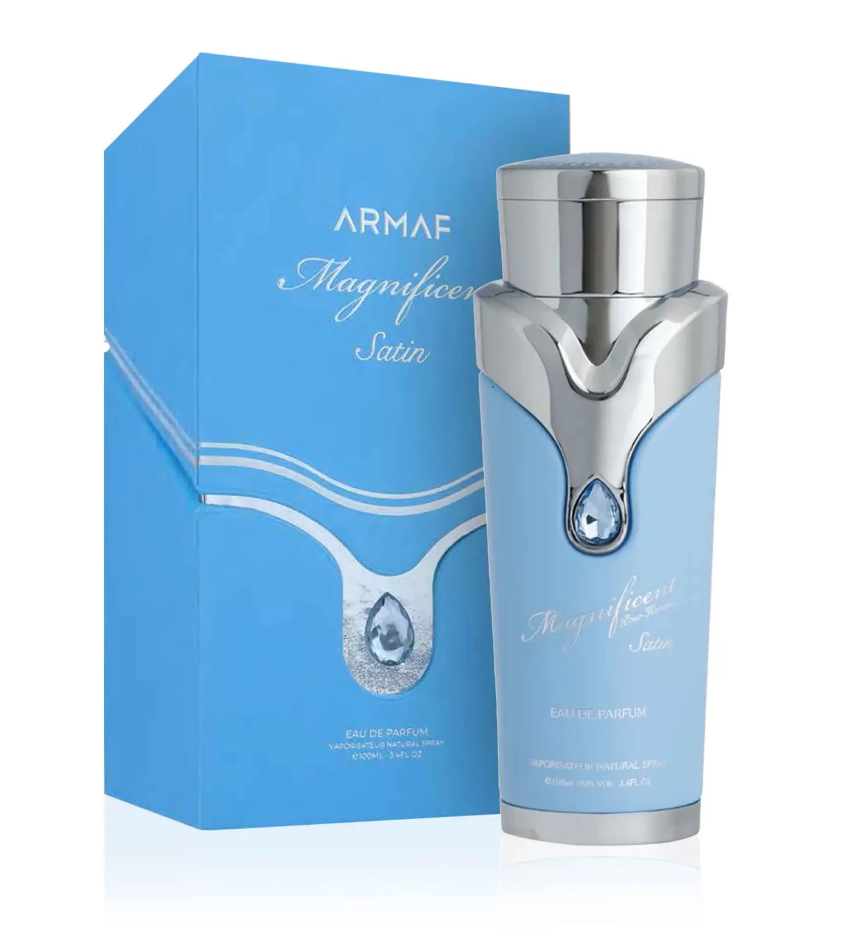 Frasco e embalagem de perfume ARMAF Magnificent Satin azul e prata