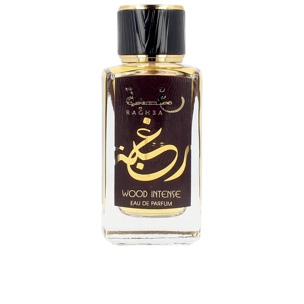 Frasco de perfume Ragha Wood Intense com rótulo preto e dourado
