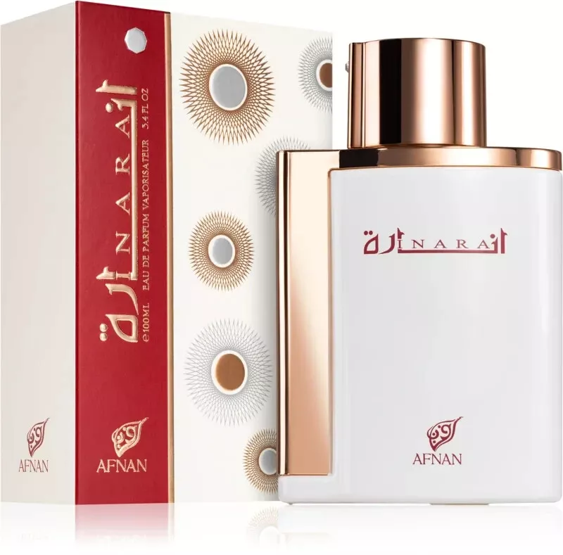 Frasco e caixa de perfume ÁJNARAI da marca AFNAN, branco, dourado e vermelho